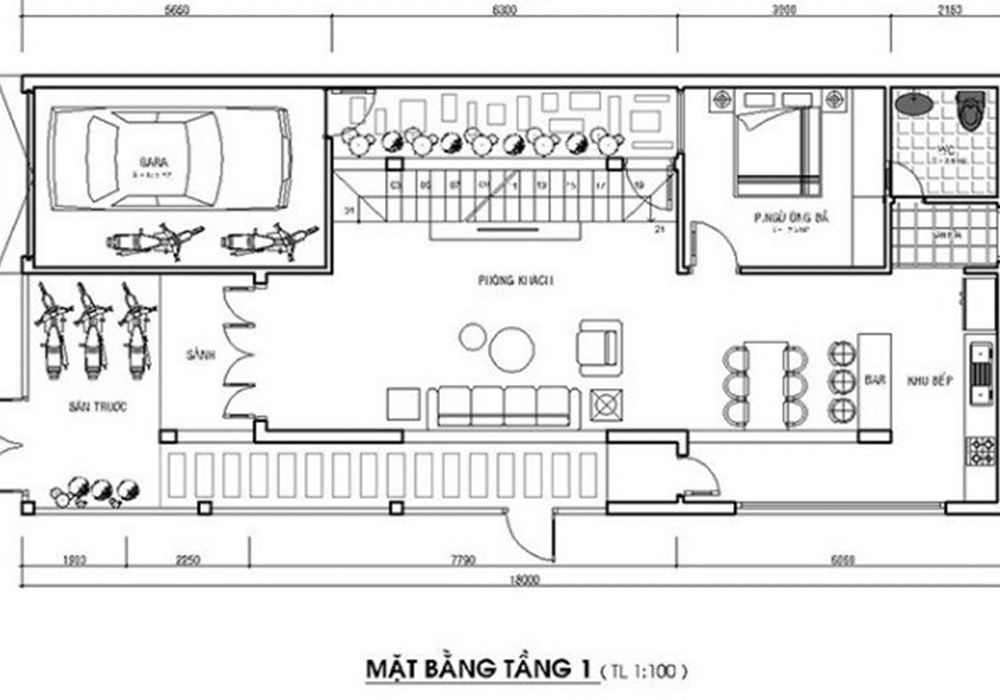 Mặt bằng tầng 1 của nhà khung thép tiền chế 2 tầng với 2 mặt tiền 