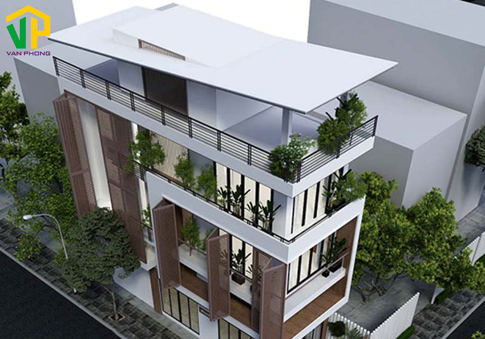 Nhà 3 tầng gác lửng với nhiều cây xanh