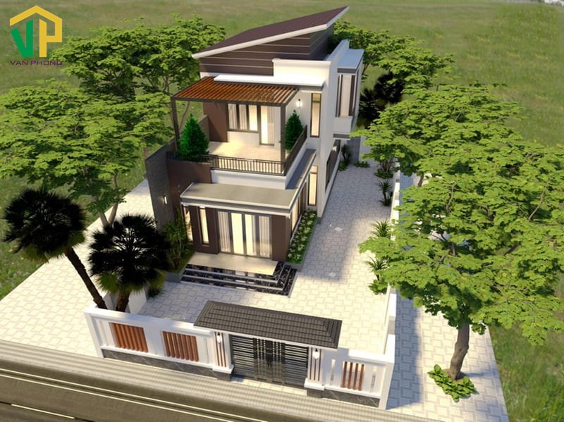 Nhà ở hướng Đông màu sắc nâu kết hợp với cây xanh lá